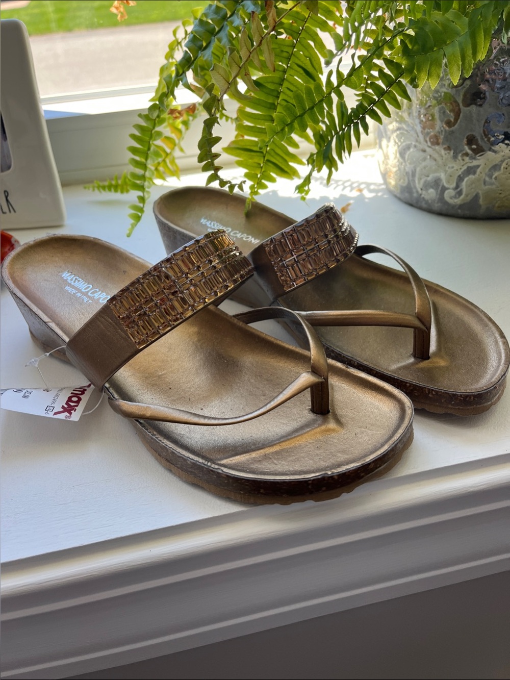 Wedge Thong Sandals with Beaded Strap - Metallic Bronze